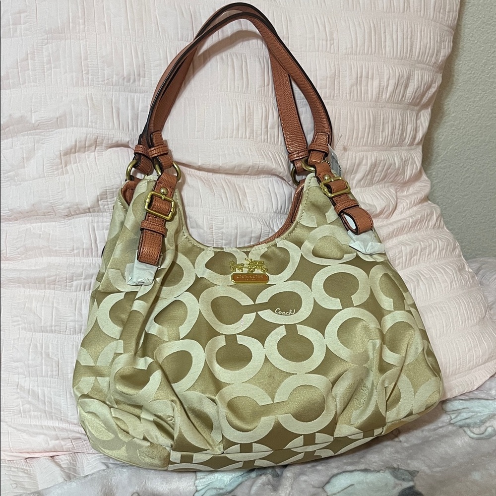 Coach Gold and Tan Signature Shoulder Bag